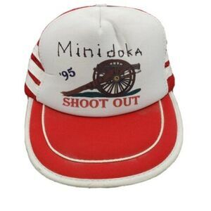 Vintage 90 3 Stripe Minidoka '95 Shoot Out Trucker SnapBack Hat Cannon Red white